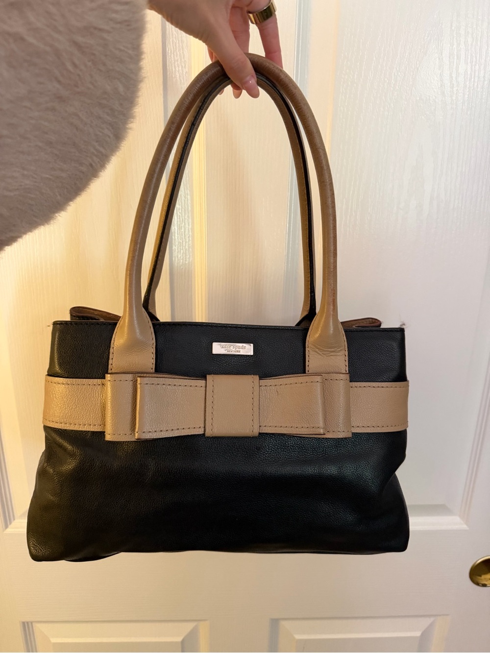 kate spade Black and Tan Bow-Accent Shoulder Bag with Polka Dot interior